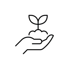 Plant in hand icon. Simple outline style. Hand holding plant with leaves, tree, grow, leaf, sprout, seedling, nature, ecology concept. Thin line symbol. Vector illustration isolated.