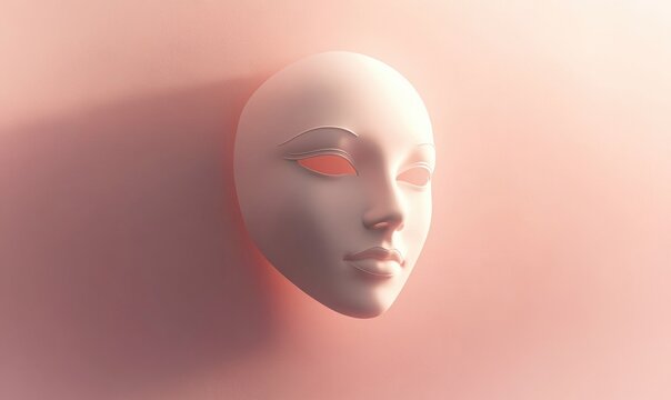 A white face mask is on a pink wall