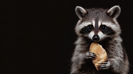 Fototapeta premium Adorable raccoon holding a croissant against a black background.