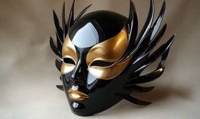 A black and gold mask with gold wings