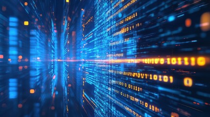 Abstract creative business charts and binary code on blue background. System engineering and digital transformation concept. 3D Rendering