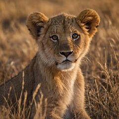 A beautiful lion cub sitting in the golden grass of the savannah, with a soft, blurred sunset in...