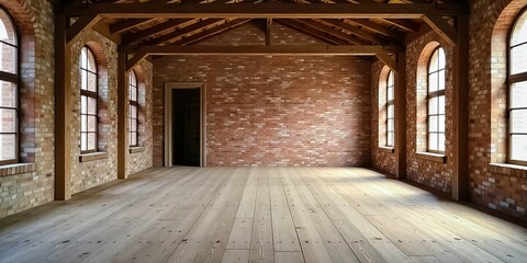 Spacious Loft Interior with Exposed Brick Walls and Wooden Beams, Hardwood Floor, and Large Windows