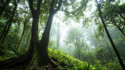 Fototapeta premium Lush green forest with towering trees and mist in the early morning light creating a serene atmosphere