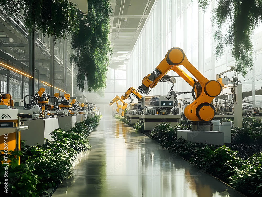 Wall mural a futuristic factory with robots surrounded by greenery, emphasizing sustainability.