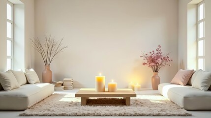 Serene Minimalist Living Room with Neutral Tones and Soft Textures, Featuring Low Seating, a Simple Coffee Table, and Delicate Floral Arrangements