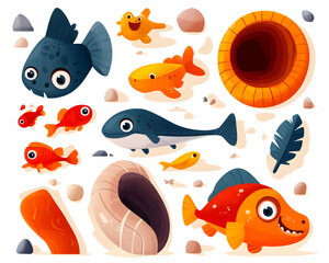 Naklejka premium Cartoon Fish Collection Underwater Scene, Aquarium Elements, Kids Book Illustration.