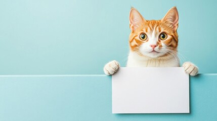 Cute cat with blank card on blue background. Copy space.