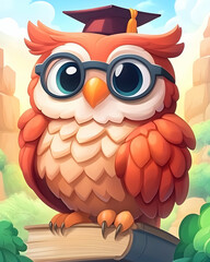 Fototapeta premium Cartoon owl with glasses and grad cap sits on books, sunny outdoor background, for educational materials.