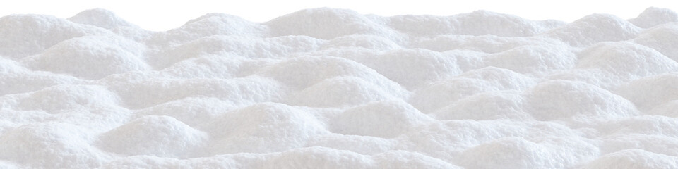 Snow-covered landscape with soft, fluffy mounds of snow, on transparent background. Ideal for use as footer in winter-themed designs, digital art, holiday promotions, seasonal graphic projects. 3D.