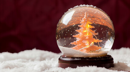 A hyper-realistic close-up of a clear glass snow globe with a light peach-orange Christmas tree illuminated by warm white lights inside.1