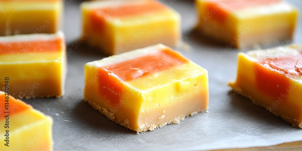 Poster Scoring candy corn fudge with a parchment paper template allows for precise cutting into small candy corn fudge pieces, ensuring an even and attractive presentation of the candy corn fudge.