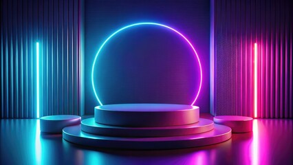 3D Podium with Neon Lights for Product Display, Modern Product Presentation Background