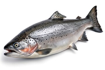 Naklejka premium High-resolution image of a detailed salmon fillet, isolated on a white background; showcasing its texture.