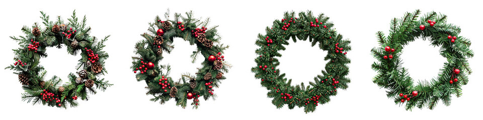A collection of four decorative wreaths adorned with foliage and berries, perfect for festive occasions.