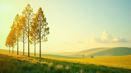 Fototapeta premium Golden Hour Serenity Four Silhouetted Pines Stand Tall Against a Gently Rolling Meadow Basking in the Warmth of the Setting Sun