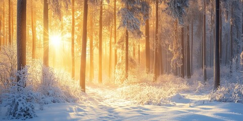 Fototapeta premium Sunny and frosty forest in winter showcases the beauty of nature, where the sun glistens on frost covered trees, creating a serene winter forest landscape ideal for seasonal imagery.