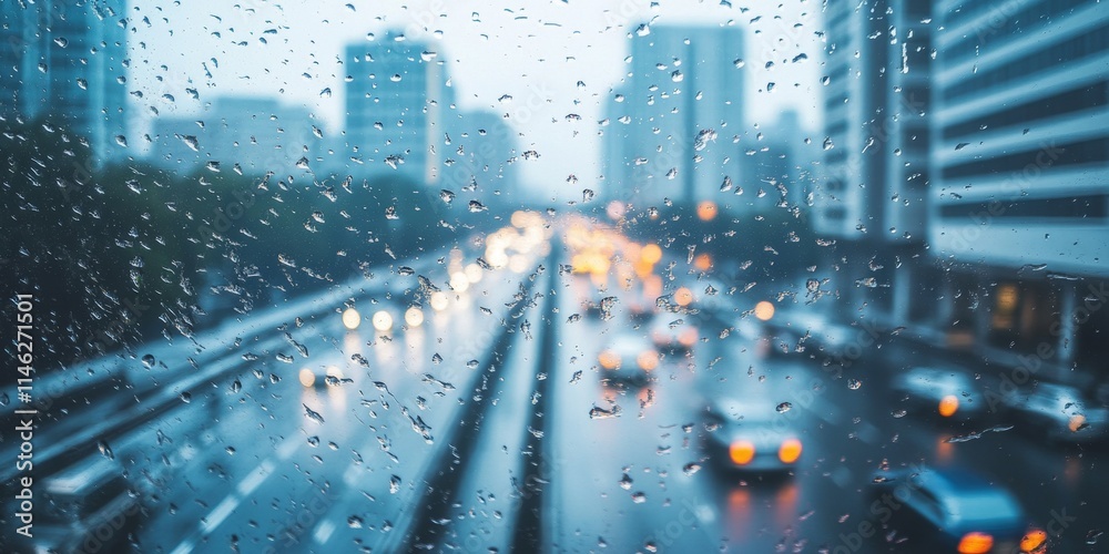 Poster Blurred image showcasing drops of rain on a mirror, featuring buildings and a road in the background. This captivating scene of rain and reflections creates a unique atmosphere.