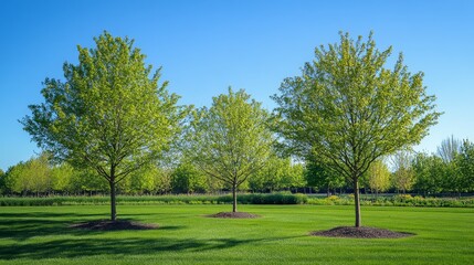 Obraz premium Pruned trees at the onset of spring display the beauty of seasonal maintenance, highlighting how tree pruning plays a crucial role in promoting healthy growth during springtime.