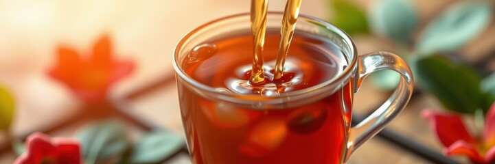 Warm tea is being poured into a clear glass cup surrounded by autumn leaves and soft light
