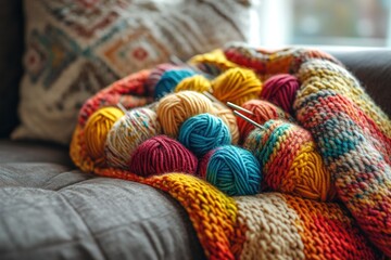 Fototapeta premium Colorful yarn balls and knitting needles on a knitted blanket.
