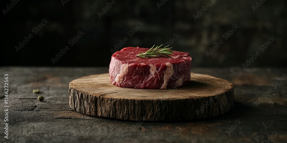 Poster raw steak elegantly displayed on a wooden board against a dark backdrop. this red meat shines on the
