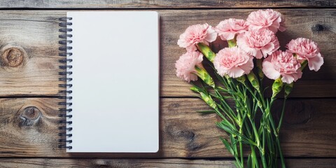 Top view of a blank notebook alongside a bouquet of sweet pink carnation flowers, beautifully arranged on a wooden background, perfect for creative and aesthetic inspirations.
