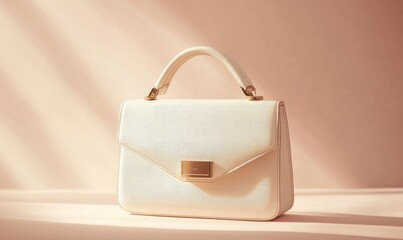 A white purse with gold hardware sits on a table