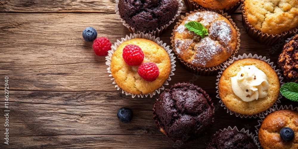 Poster close up of delicious muffins beautifully arranged on a rustic wood background, showcasing the delig