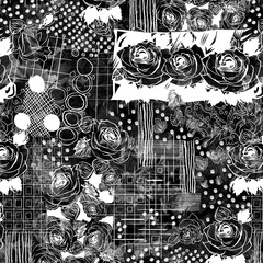 black and white flower seamless pattern on back background