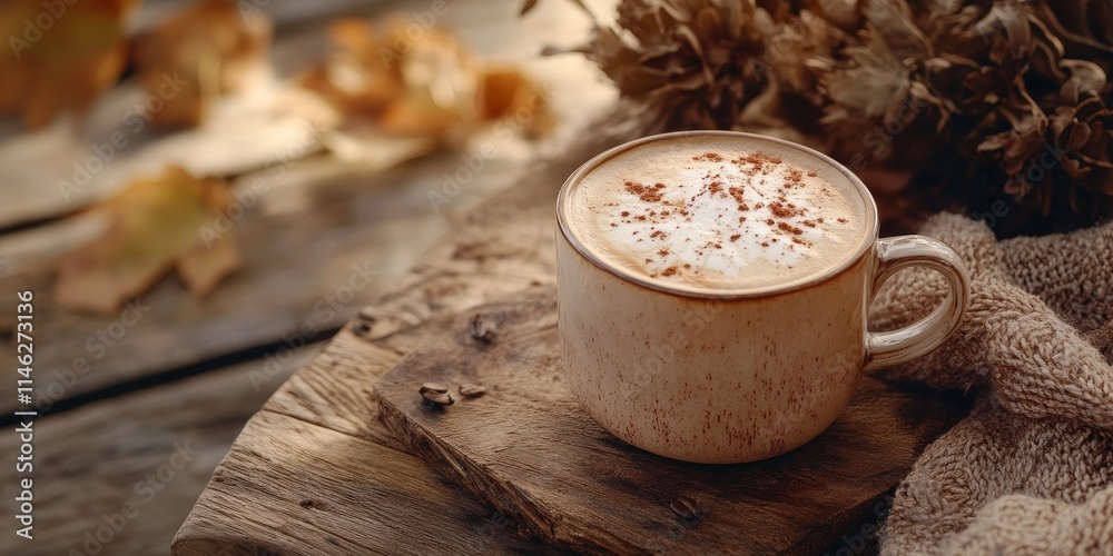 Aufkleber A rustic setting featuring a cup of latte, highlighting the comforting allure of a latte in an inviting environment perfect for enjoying a warm cup of latte.