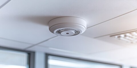 Smoke detector installed on a plain ceiling, showcasing a fire alarm system design that emphasizes safety and security in any environment. Reliable smoke detector functions within the fire alarm