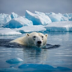 Naklejka premium A polar bear swimming between blue and white ice floes.