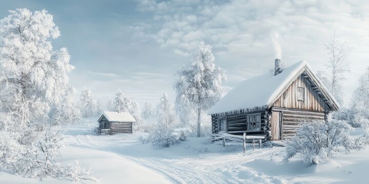 Snow covered old wooden cabin and storage house, commonly known as stabbur, in winter. This scene features the charming design of a stabbur, set in a beautiful winter landscape.