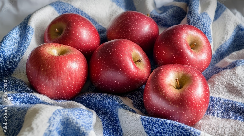 Poster five vibrant red apples arranged on a blue and white towel, set against a clean white background, cr