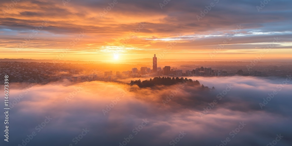 Poster sunrise illuminating foggy scenery with buildings and ground visible below, creating a serene atmosp