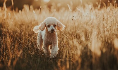 A small white dog is walking through a field of tall grass