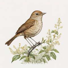 Fototapeta premium Elegant painting of a nightingale bird resting on a branch, minimal white backdrop. 
