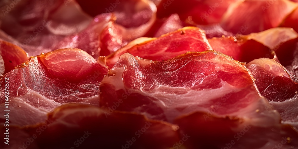 Poster close up of pink dry pork ham showcasing its texture and color during the cooking process, highlight