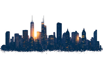 Fototapeta premium Minimalist silhouette of a glowing city skyline with tall skyscrapers on white 