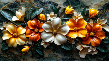 3D floral arrangement, orange and white flowers on marble.