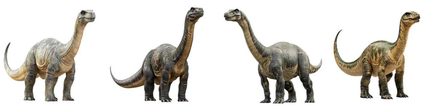 Four camarasaurus dinosaur figures with long necks and tails, showcasing various poses and details in their skin texture.