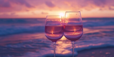 A close up view features a pair of wine glasses set against the backdrop of a breathtaking sunset at the beach, creating a picturesque moment of serenity.