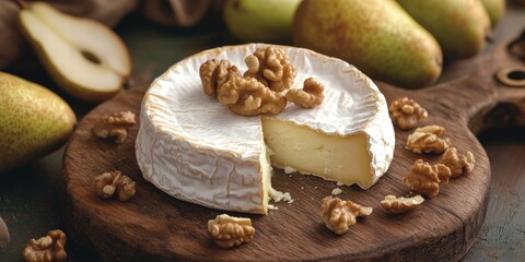 Fototapeta premium Delicious Camembert cheese paired with fresh pears and crunchy walnuts on a rustic wooden board, creating a delightful spread featuring Camembert cheese for any occasion.