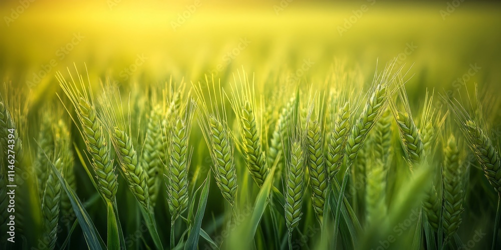 Poster close up view of a vibrant green cereal field, showcasing the lush texture and rich color of the cer