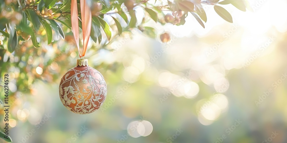 Aufkleber christmas ball adorned with ribbons hanging on a tree, surrounded by a bright and blurred natural ga