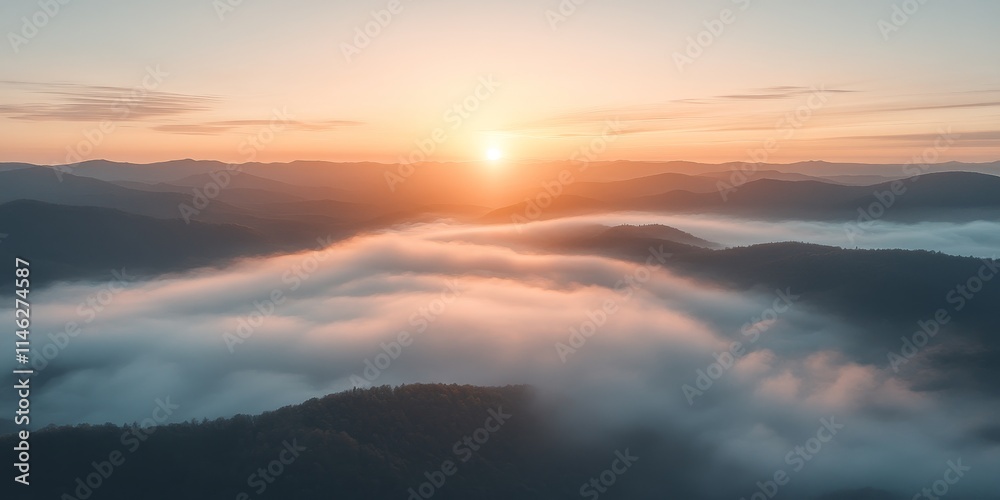 Aufkleber sunrise showcasing cirrocumulus clouds above majestic mountains emerging from a blanket of mist, cre