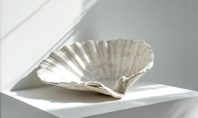 A white ceramic bowl with a shell design sits on a white surface