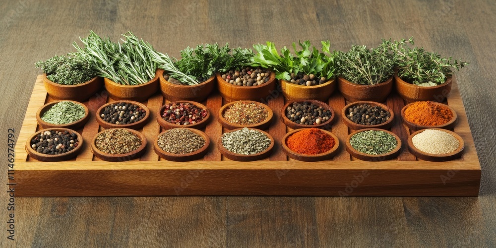Aufkleber assorted herbs and spices beautifully arranged on wooden boards create a visually appealing display 