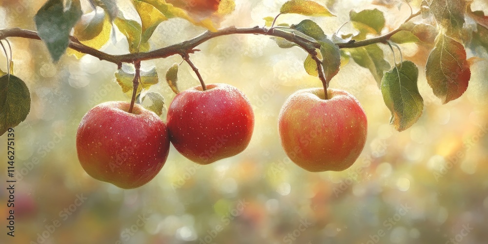 Aufkleber two apples are suspended from a branch with a soft focus orchard in the background, highlighting the